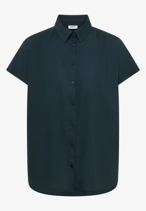 Dunkelgrüne, kurzärmelige Bluse mit Hemdkragen und durchgehender Knopfleiste.