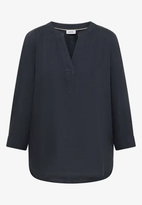 Lockere schwarze Bluse mit V-Ausschnitt und 3/4-Ärmeln, leichter Fall.