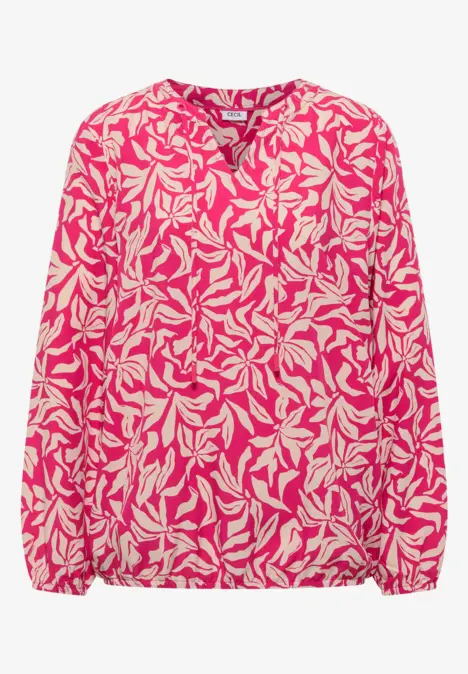 Blouse ample à manches longues, motif feuilles rose et blanc, tissu léger et aérien.