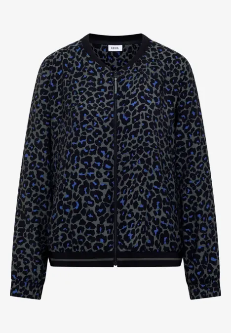 Veste bomber noire à motif léopard bleu, fermeture boutonnée et bords-côtes au col, aux manches et à l’ourlet
