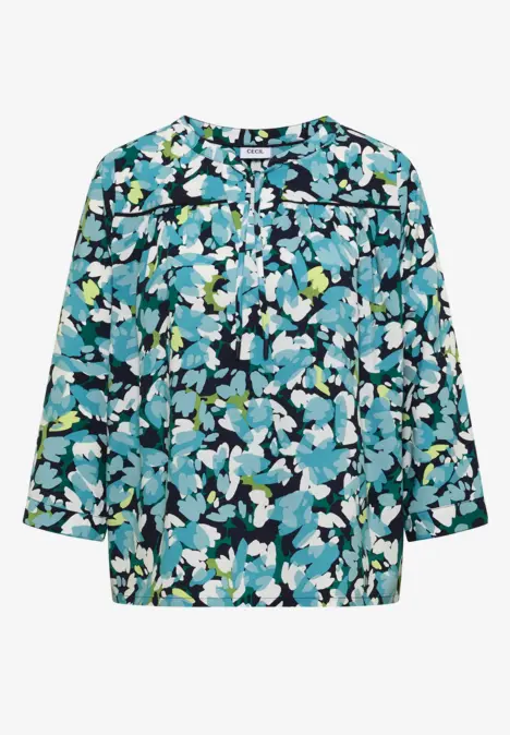 Lockere Damenbluse mit 3/4-Ärmeln und abstraktem Blumenmuster in Blau-, Grün- und Weißtönen.
