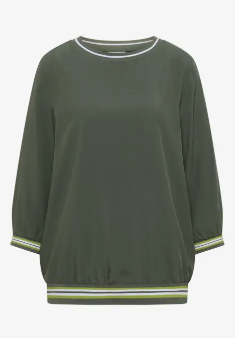 Blouse kaki à manches trois-quarts avec ourlets côtelés et bandes contrastantes aux poignets et à la taille