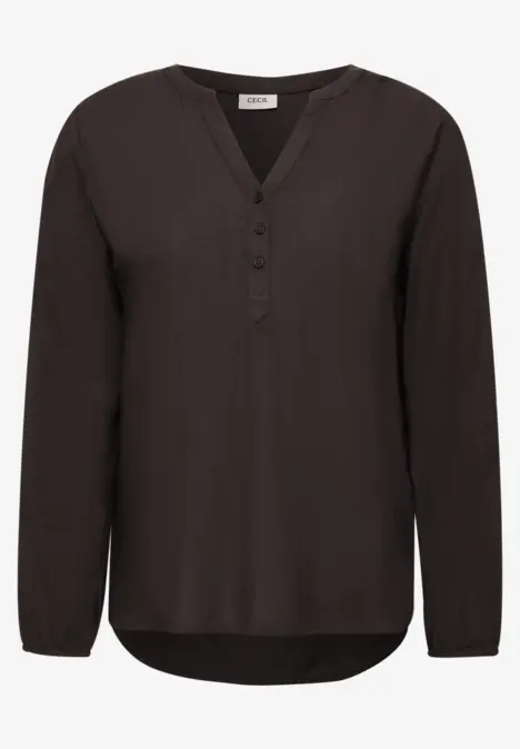 Dunkelbraune, langärmlige Bluse mit V-Ausschnitt, Knopfleiste und abgerundetem Saum.