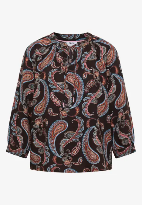 Schwarze, langärmlige Bluse mit buntem Paisley-Muster