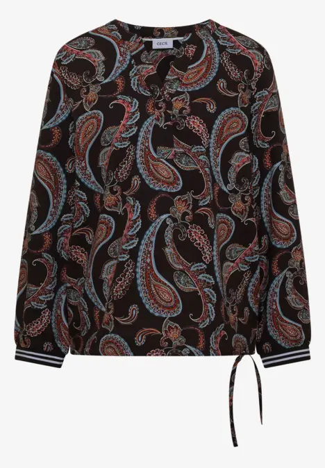 Schwarze Bluse mit buntem Paisley-Muster, langen Ärmeln, gestreiften Manschetten und Tunnelzug am Saum.