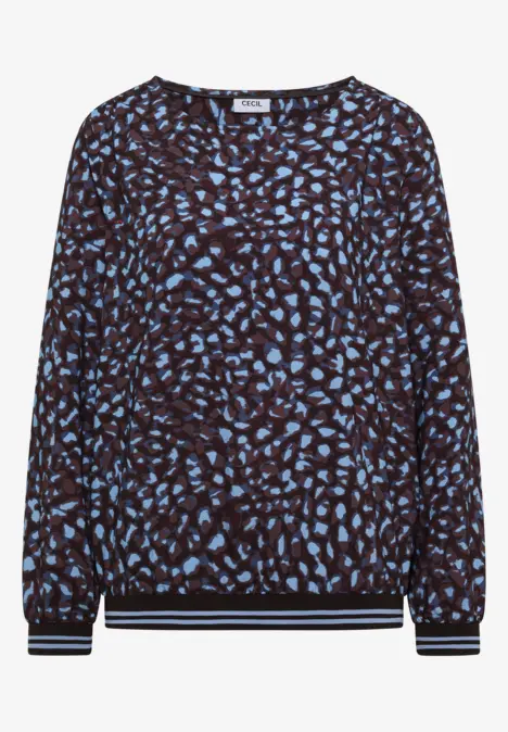 Dunkelblauer langärmliger Pullover mit hellblauem abstrakten Muster und gestreiften Bündchen.