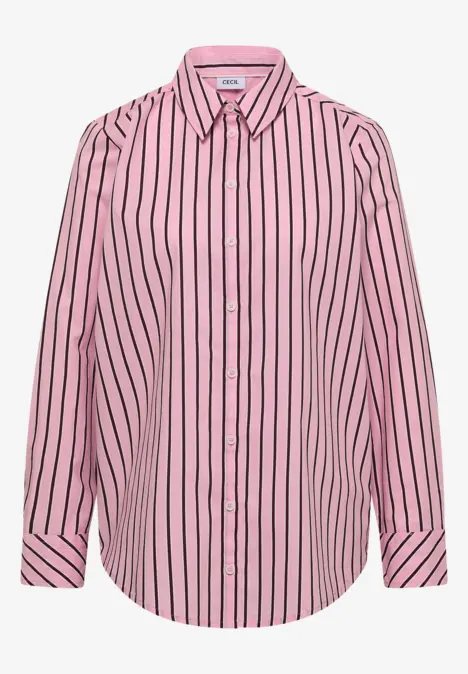 Damenbluse in Rosa mit dunkelblauen vertikalen Streifen, Hemdblusenschnitt und Knopfleiste
