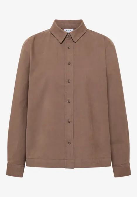 Braune Hemdjacke mit Kragen, durchgehender Knopfleiste und langen Ärmeln.
