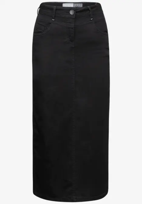 Schwarzer, langer Jeansrock mit Taschen und Knopfverschluss.