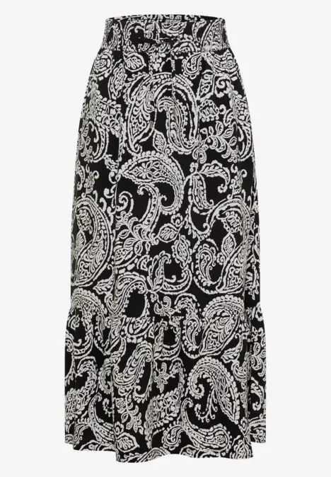 Schwarzer Maxi-Rock mit weißem Paisley- und Blumenmuster, fließender Stoff, elastischer Bund.