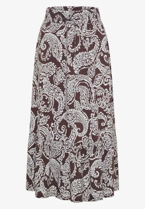 Brauner Midirock mit cremeweißem Paisley-Print, fließend in A-Linie geschnitten, aus leichter Viskose.