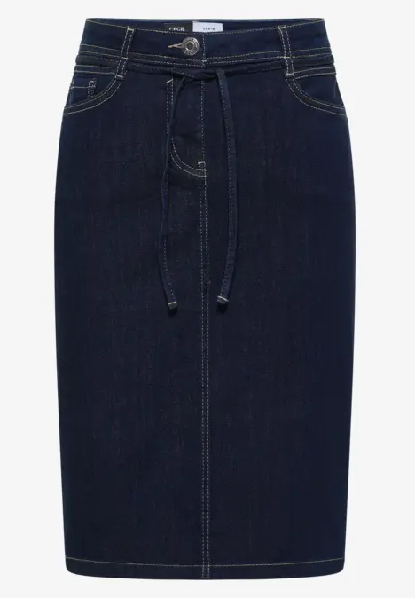 Dunkelblaue, knielange Jeans-Bleistiftrock mit Gürtelschlaufen, Tunnelzug und Eingrifftaschen.
