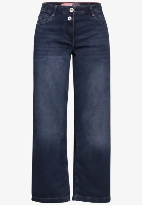 Jean bleu foncé à jambes larges et deux boutons.