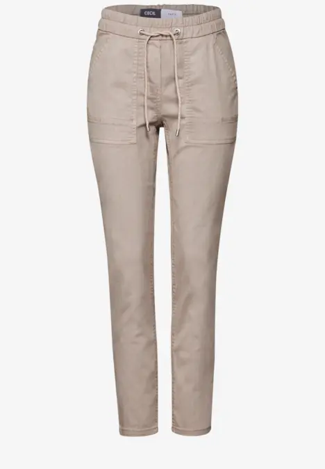 Beige Jogpants mit Kordelzug und Taschen, sportlich und bequem.