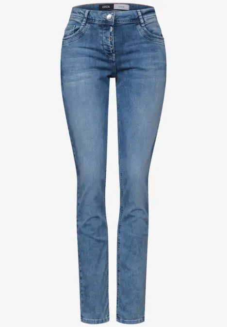 Blaue Damen-Jeans mit schmalem Schnitt und klassischen Taschen.