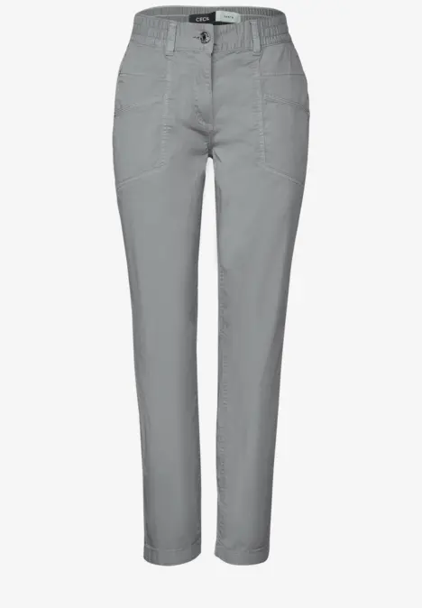 Graue Damenhose mit geradem Schnitt und elastischem Bund.