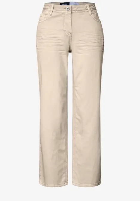 Beigefarbene Damenhose mit weitem Bein, Knopfverschluss und Taschen.