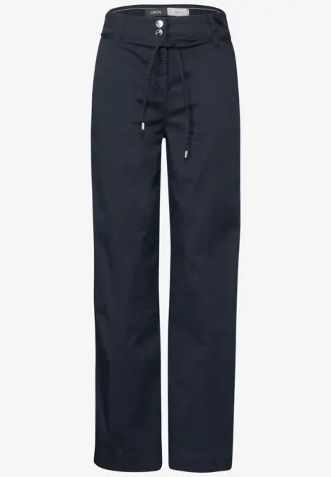 Dunkelblaue Damenhose mit geradem Schnitt und Kordelzug.