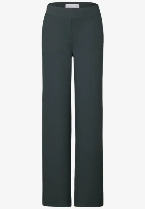 Dunkelgraue, gerade geschnittene Hose mit elastischem Bund.