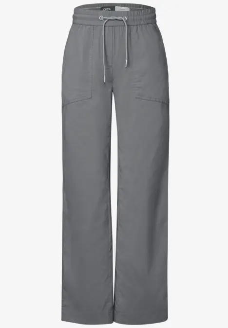 Graue, weite Hose mit Tunnelzug und Taschen.
