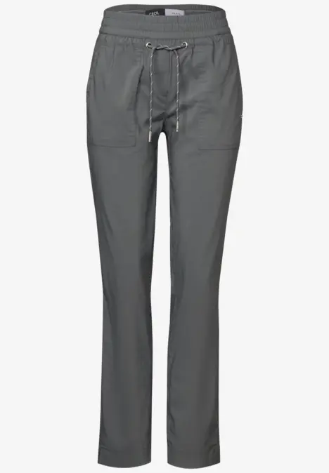 Graue Hose mit Gummibund und Kordelzug, zwei Taschen vorne.