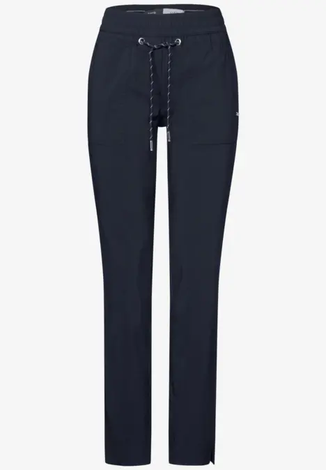 Dunkelblaue Hose mit Kordelzug und Taschen, sportlich und bequem.