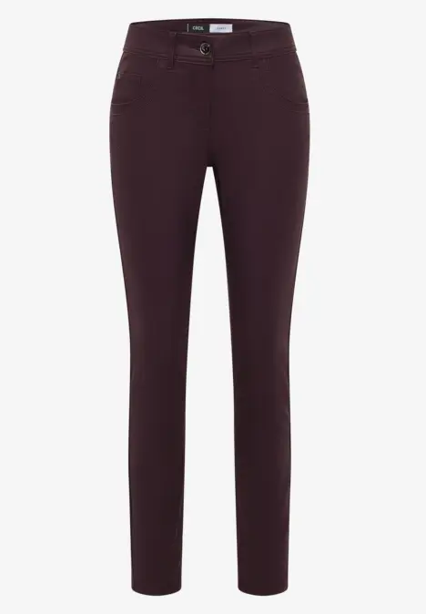 Dunkelbraune, enganliegende Damenhose mit Taschen.