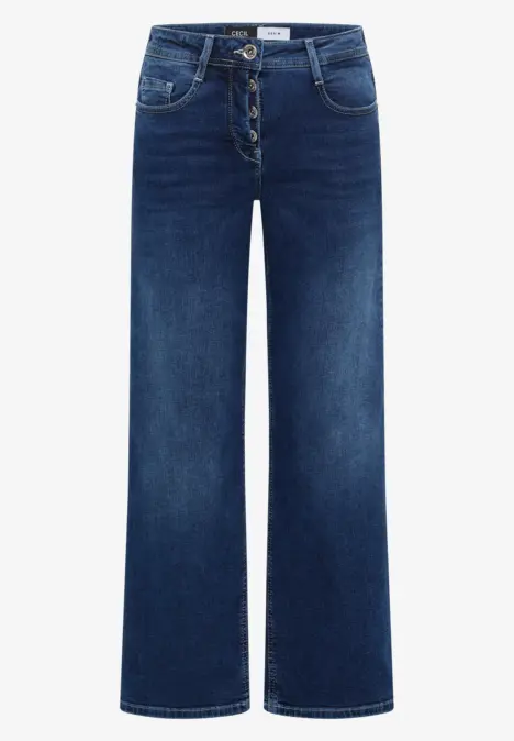 Dunkelblaue Jeans mit weitem Bein und Knopfleiste.