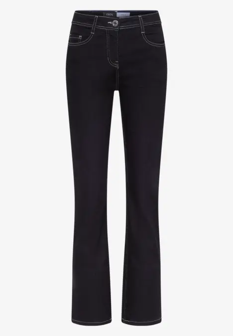 Schwarze Damenjeans mit weißen Nähten und geradem Schnitt.