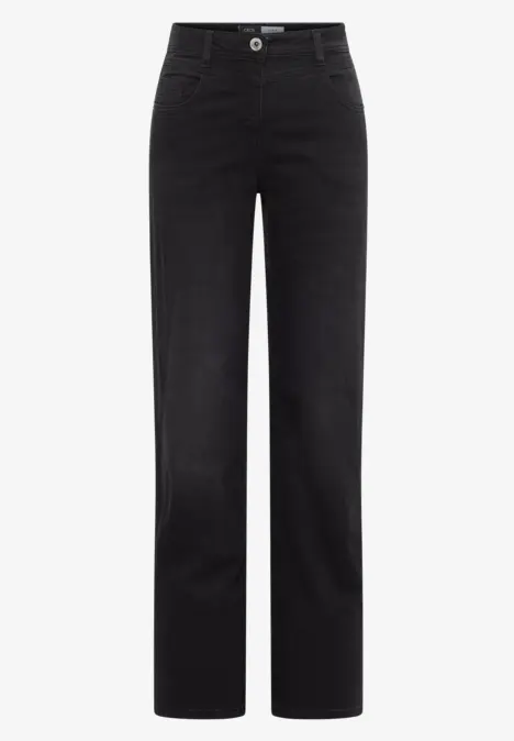 Schwarze Damenjeans mit geradem Bein und fünf Taschen.