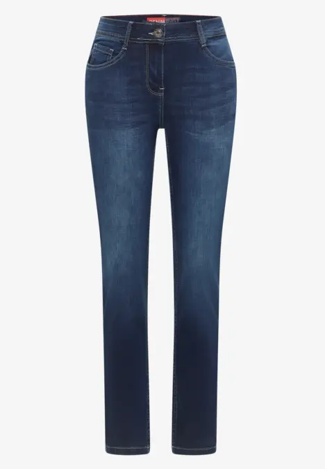 Dunkelblaue Jeanshose mit geradem Schnitt und fünf Taschen.