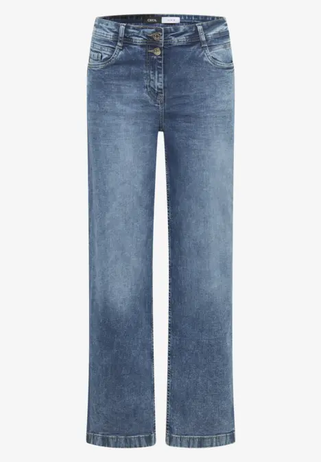Blaue Jeanshose mit geradem Bein und fünf Taschen.
