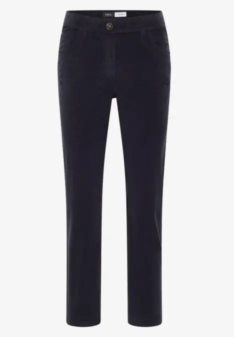 Dunkelblaue Cordhose mit geradem Schnitt, Gürtelschlaufen, seitlichen Taschen und Knopfverschluss.