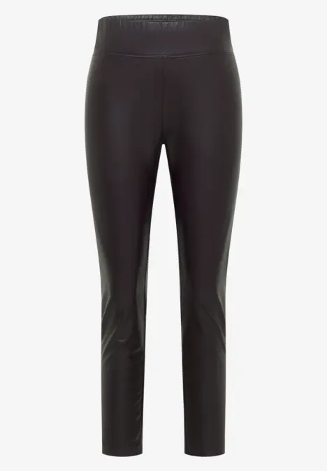 Schwarze, schmale, knöchellange Leggings aus glänzendem Material mit hohem Bund.