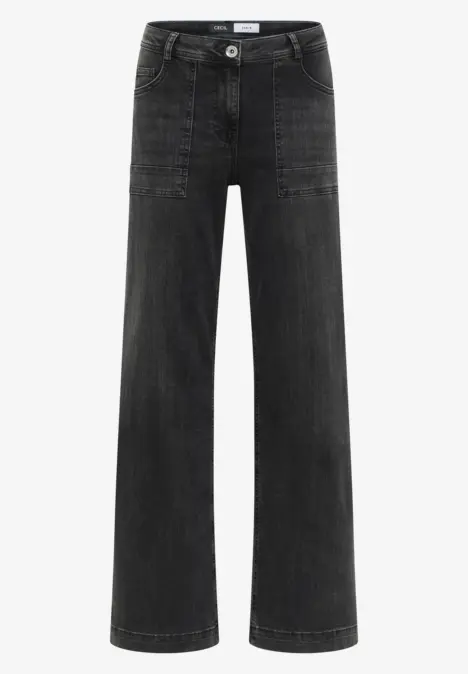 Schwarze Jeans mit weitem Bein, hoher Taille und großen Fronttaschen