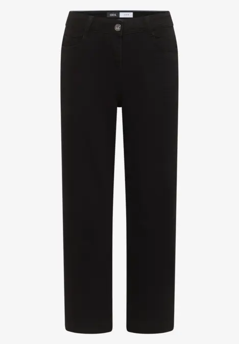 Schwarze, gerade geschnittene Jeanshose mit klassischer 5-Pocket-Optik und mittlerer Taille.