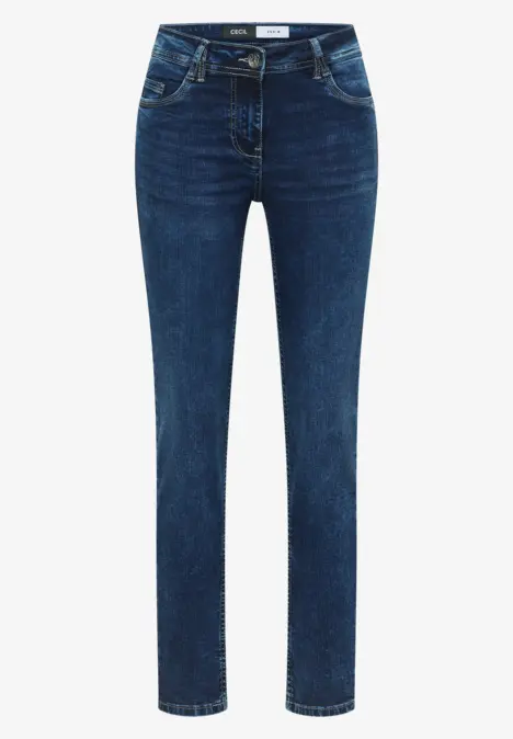 Schmale, dunkelblaue Damenjeans mit geradem Schnitt und fünf Taschen.
