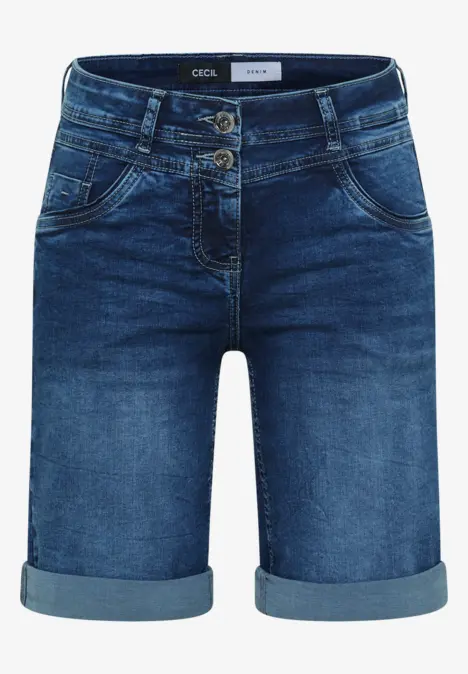 Dunkelblaue Jeans-Shorts mit umgeschlagenen Beinsäumen, hohem Bund, Doppelknopfverschluss und Taschen.