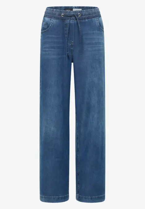Lässige, gerade geschnittene Jeans mit weitem Bein, elastischem Tunnelzugbund und seitlichen Taschen.