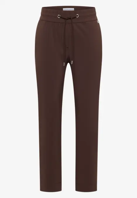 Dunkelbraune, gerade Hose mit elastischem Bund und Kordelzug, schlicht und modern.