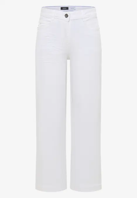 Weiße, gerade geschnittene Damenhose mit hohem Bund und seitlichen Eingrifftaschen.