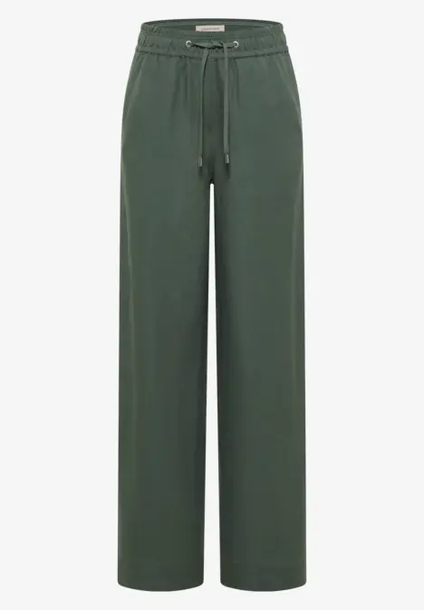Dunkelgrüne, weite Hose mit elastischem Bund und Kordelzug.