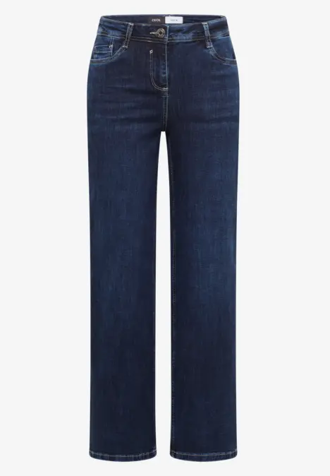 Dunkelblaue, gerade geschnittene Jeans mit klassischem Fünf-Taschen-Design.