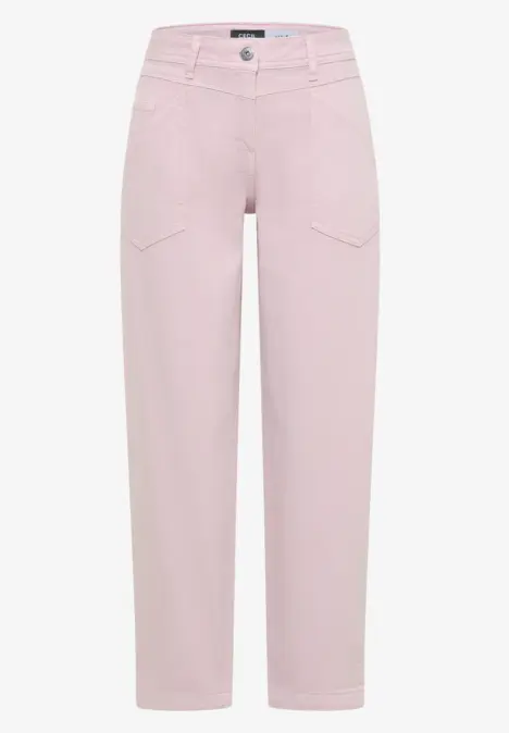 Pastellrosa Hose mit geradem Bein, hoher Taille und aufgesetzten Taschen.