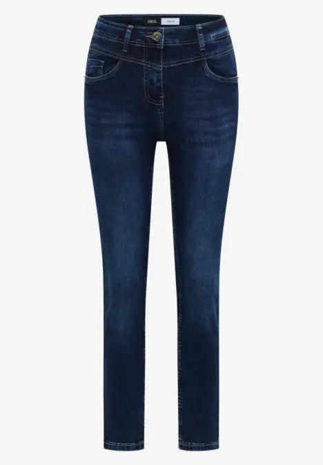 Dunkelblaue Slim-Fit-Damenjeans mit klassischem Fünf-Pocket-Design und Gürtelschlaufen.