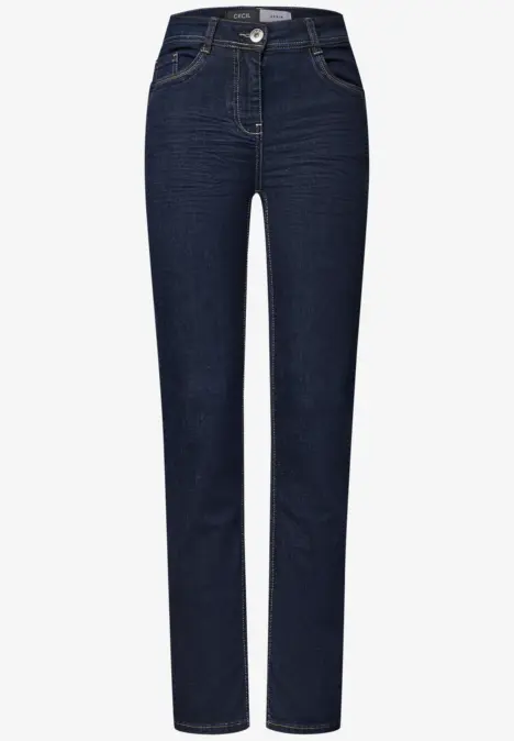 Dunkelblaue, gerade geschnittene High-Waist-Jeans mit Knopfverschluss und Gürtelschlaufen.