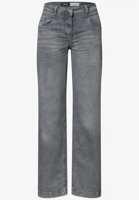 Graue Jeans mit weitem Bein, hohem Bund, 5 Taschen und Knopfverschluss.
