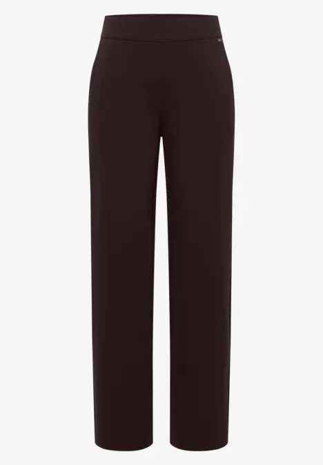 Schwarze, gerade geschnittene Hose mit weitem Bein und hohem Bund.