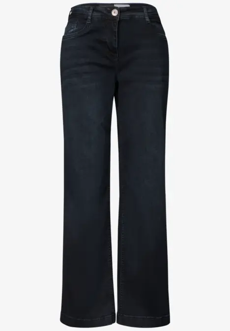 Schwarze High-Waist-Jeans mit weitem Bein und Knopfverschluss.