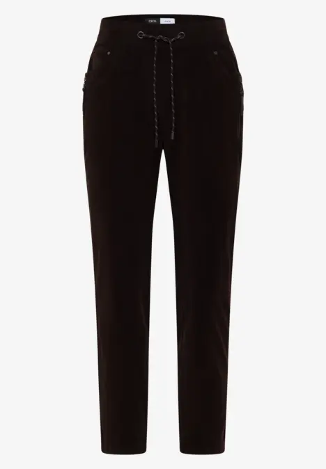 Schwarze, gerade geschnittene Hose mit Tunnelzugbund und seitlichen Taschen.